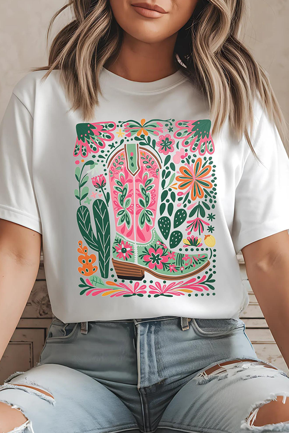 White Boots Flower Print Crew Neck Graphic Loose Tee