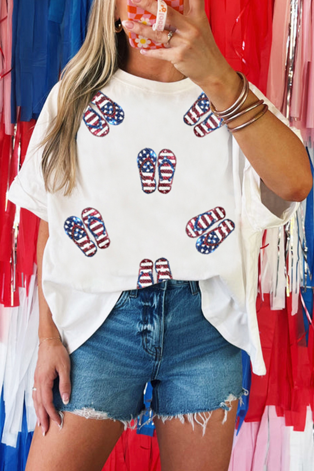 White July 4th Sequined Flip Flops Patched Oversize T Shirt