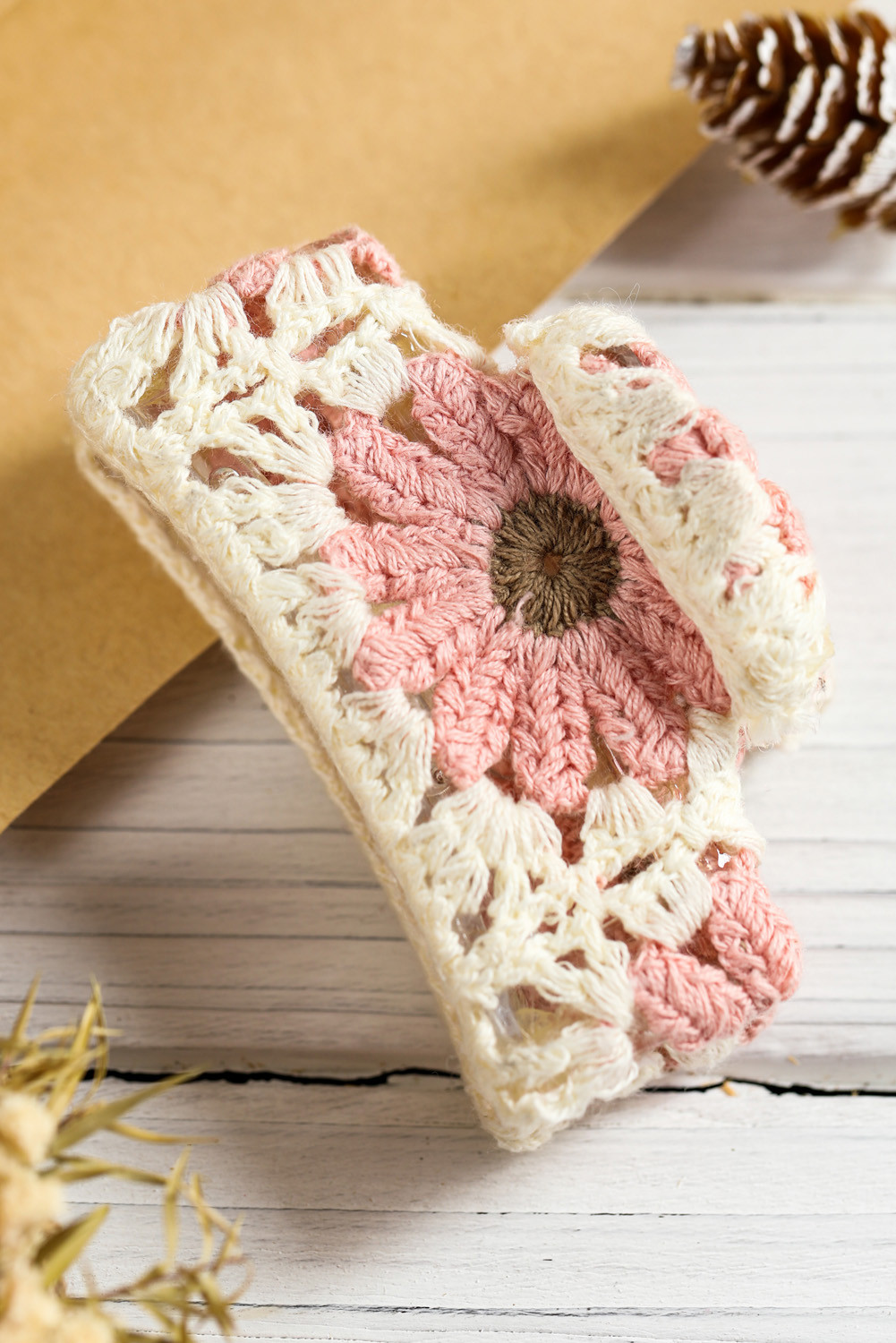 Pink Boho Chic Crochet Floral Hair Claw Clip