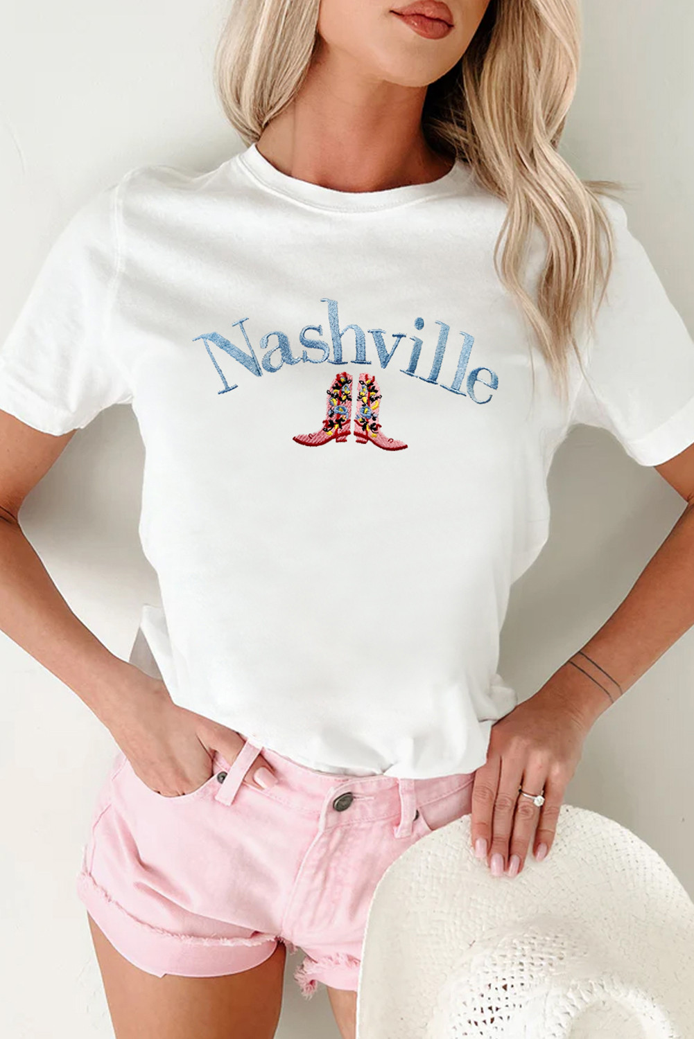 White Nashville Boots Embroidered Crew Neck Graphic Tee