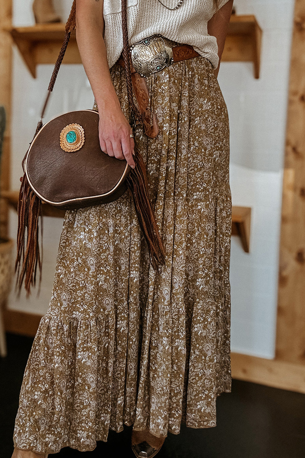 Shewin Wholesale Elegant Brown Floral Print High Waist Loose Maxi SKIRT