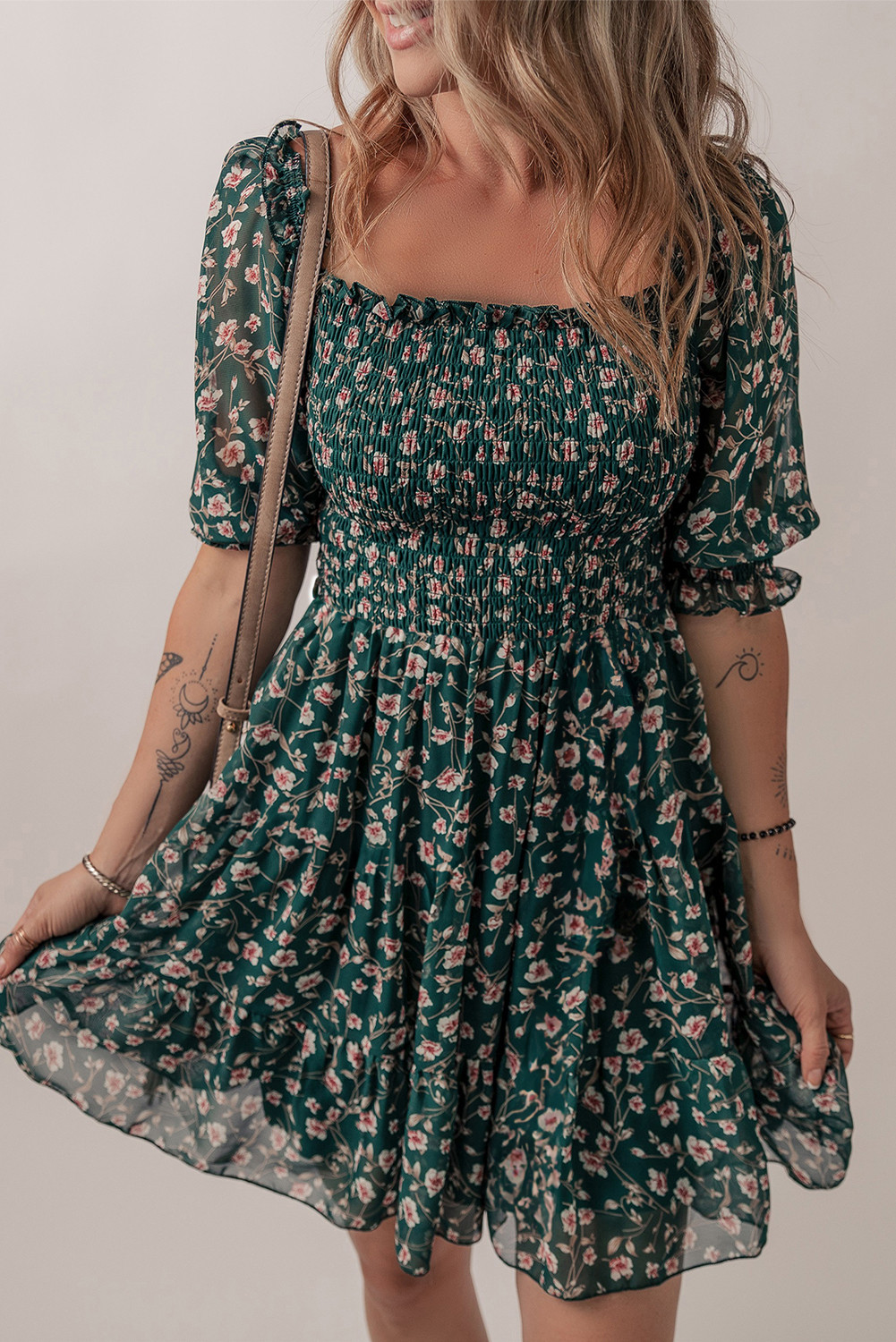Green Floral Shirred Square Neck Puff Sleeve Dress