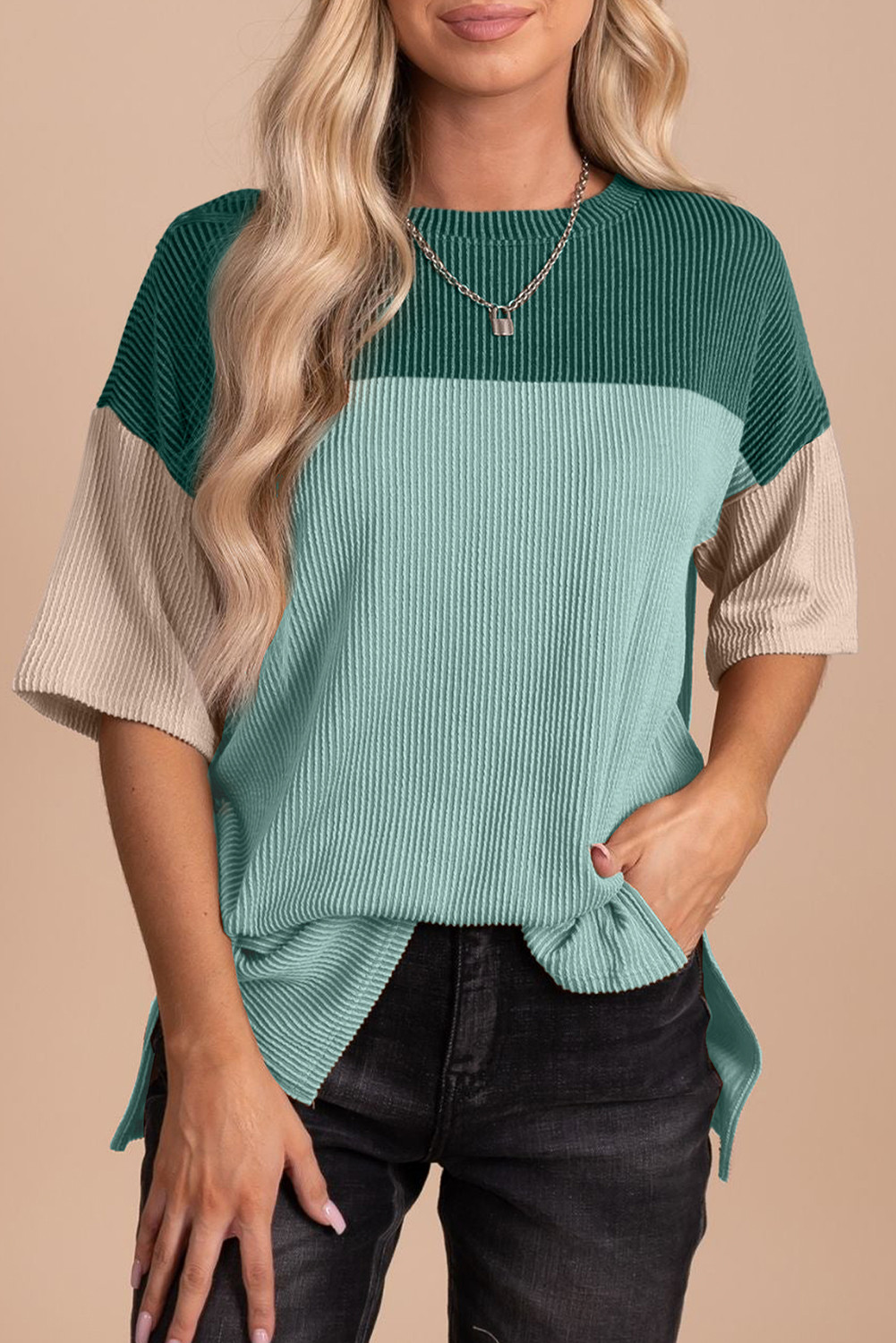 Mint Green Color Block Ribbed Side Slits Half Sleeve Top