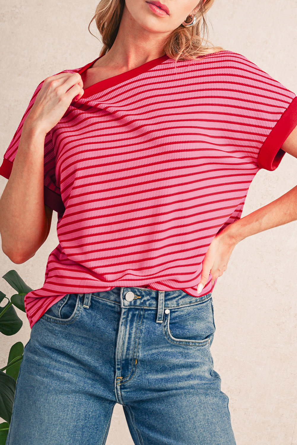 Shewin Wholesale WESTERN Pink Stripe Knitted Round Neck T Shirt