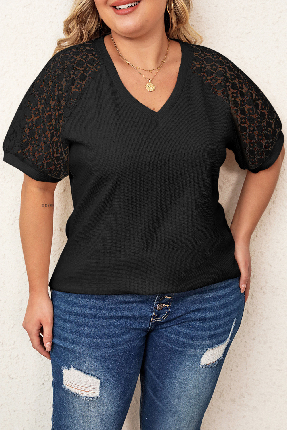 Black Mesh Sleeve V Neck Plus Size T Shirt