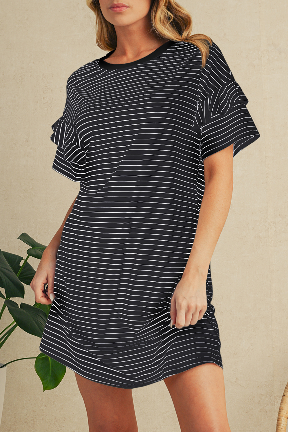 Shewin Dropshippers Black Stripe Ruffle Short Sleeve T SHIRT Mini Dress