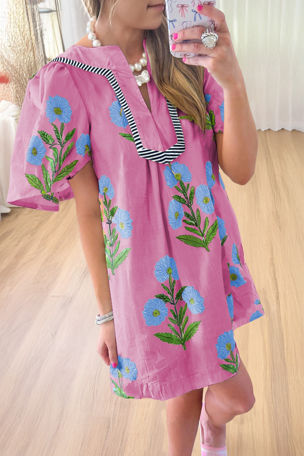 Rose Striped Trim Short Sleeve Split Neck Floral Mini Dress