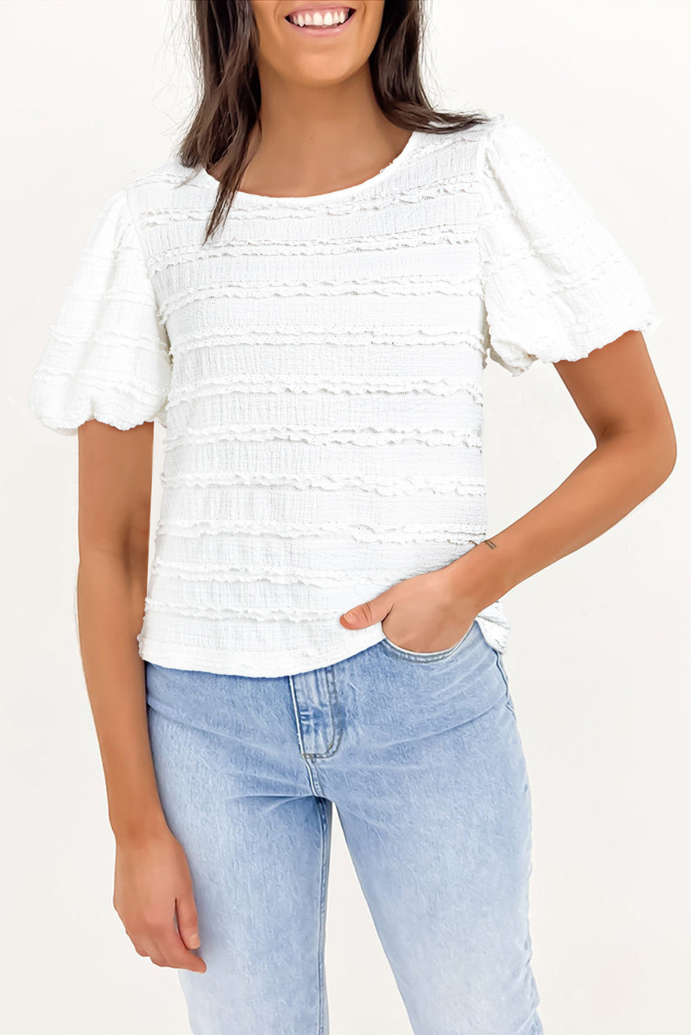 White Frilled Trim Bubble Sleeve Blouse