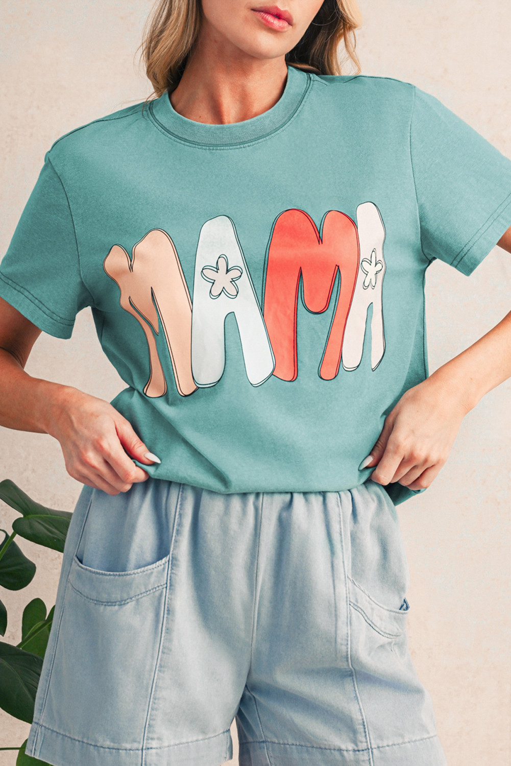 Sea Green Floral MAMA Print Crewneck T Shirt
