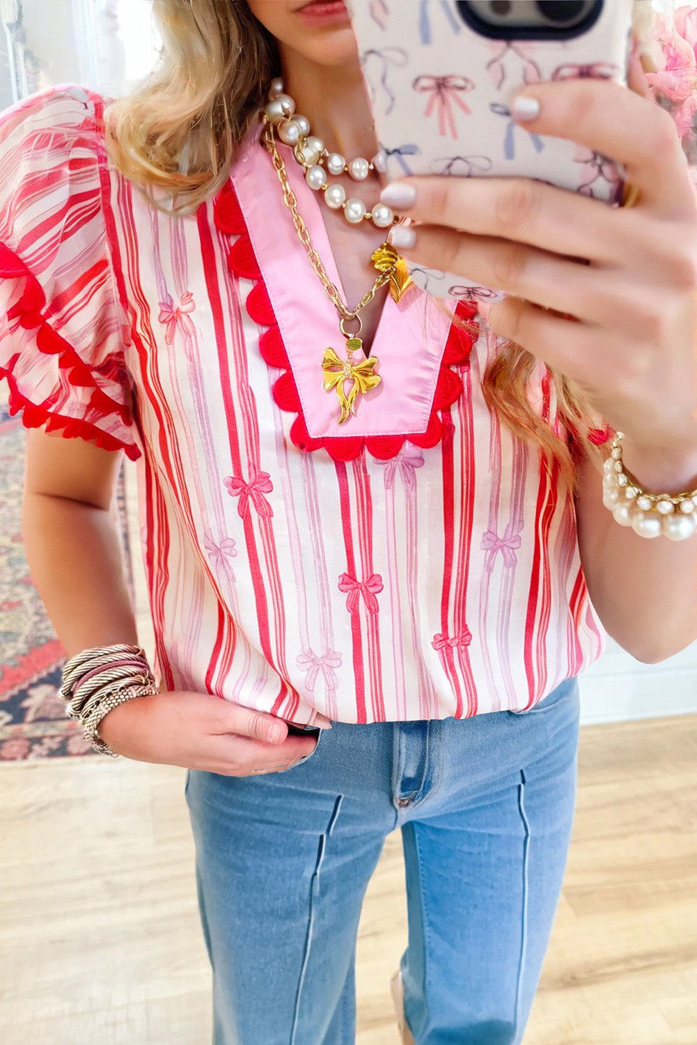 Pink Ric-rac Trim Ruffle Sleeve V Neck Bow Striped Blouse