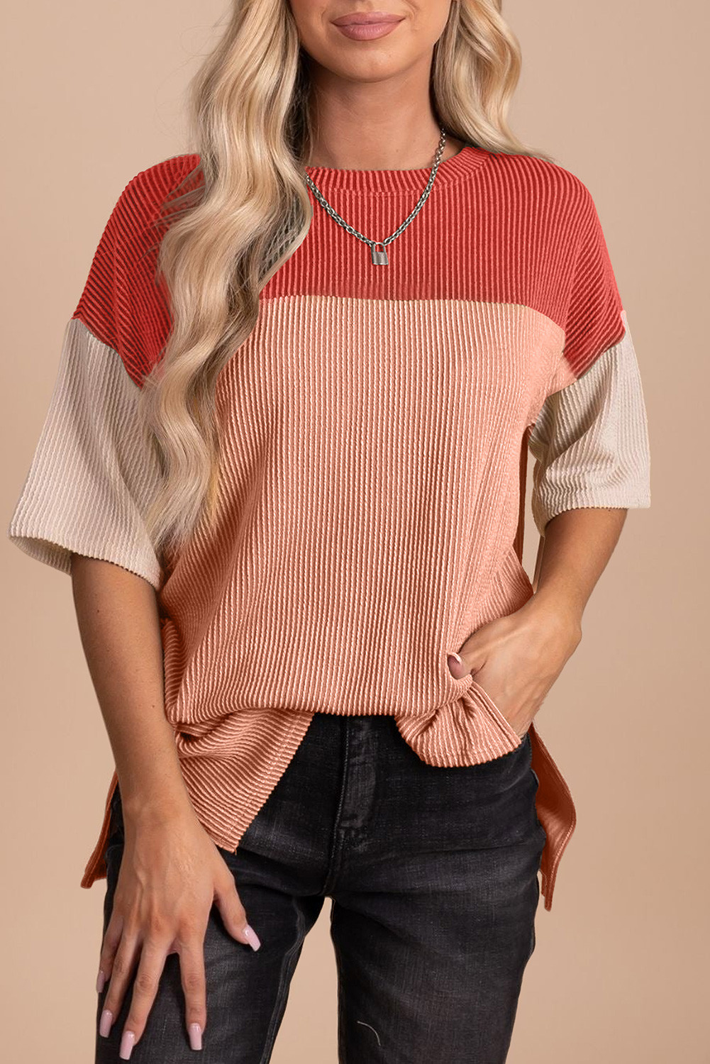 Red Color Block Ribbed Side Slits Half Sleeve Top