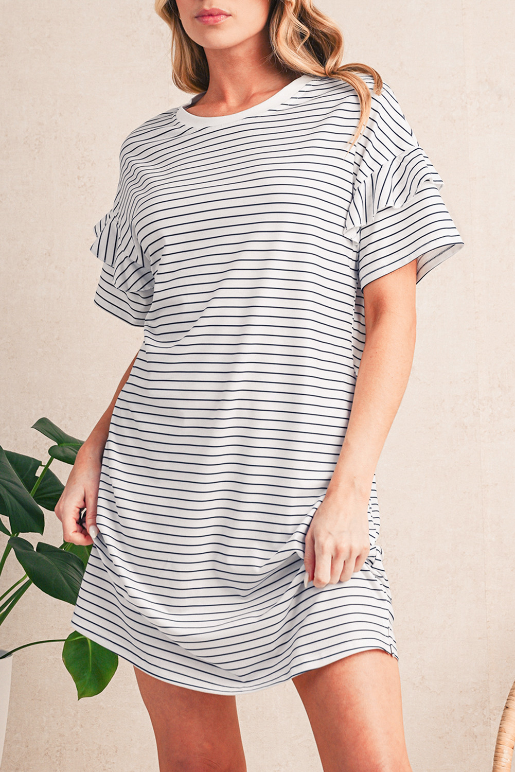 White Stripe Ruffle Short Sleeve T Shirt Mini Dress
