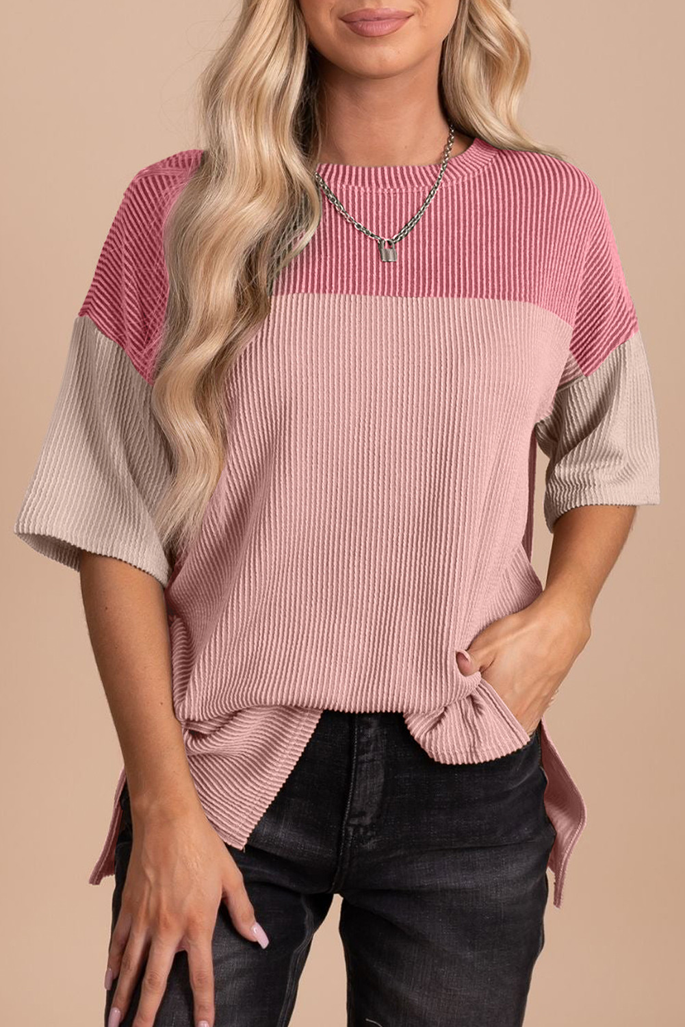 Pink Color Block Ribbed Side Slits Half Sleeve Top