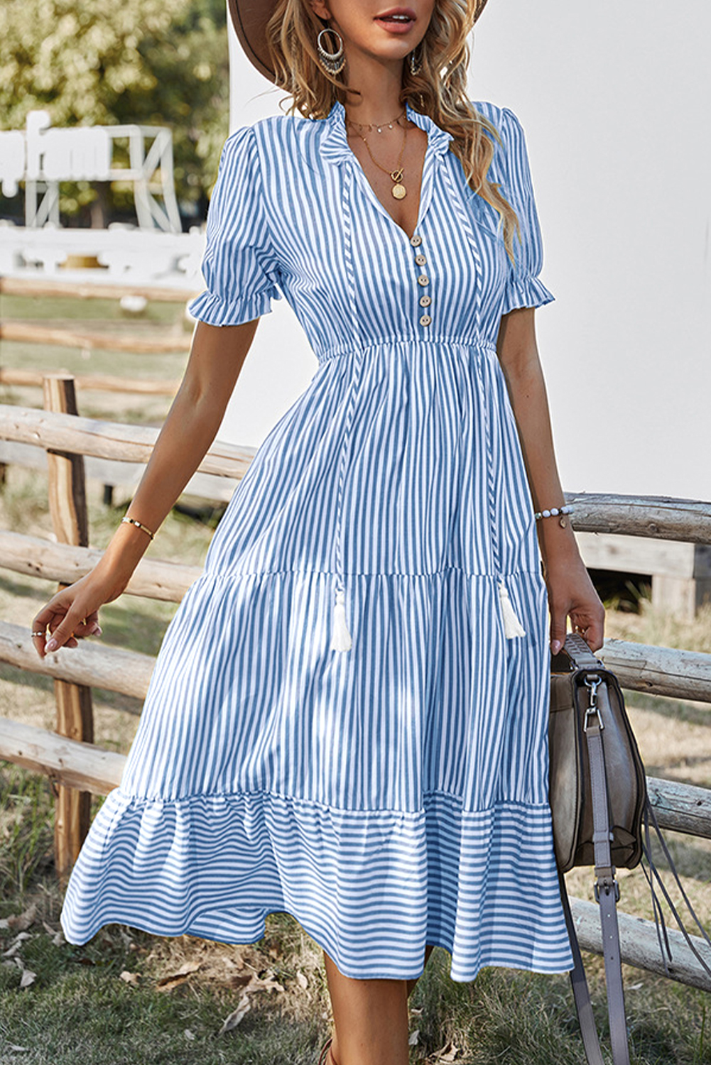 Shewin Wholesale SUMMER Sky Blue Stripe Button Tie Neck Midi DRESS