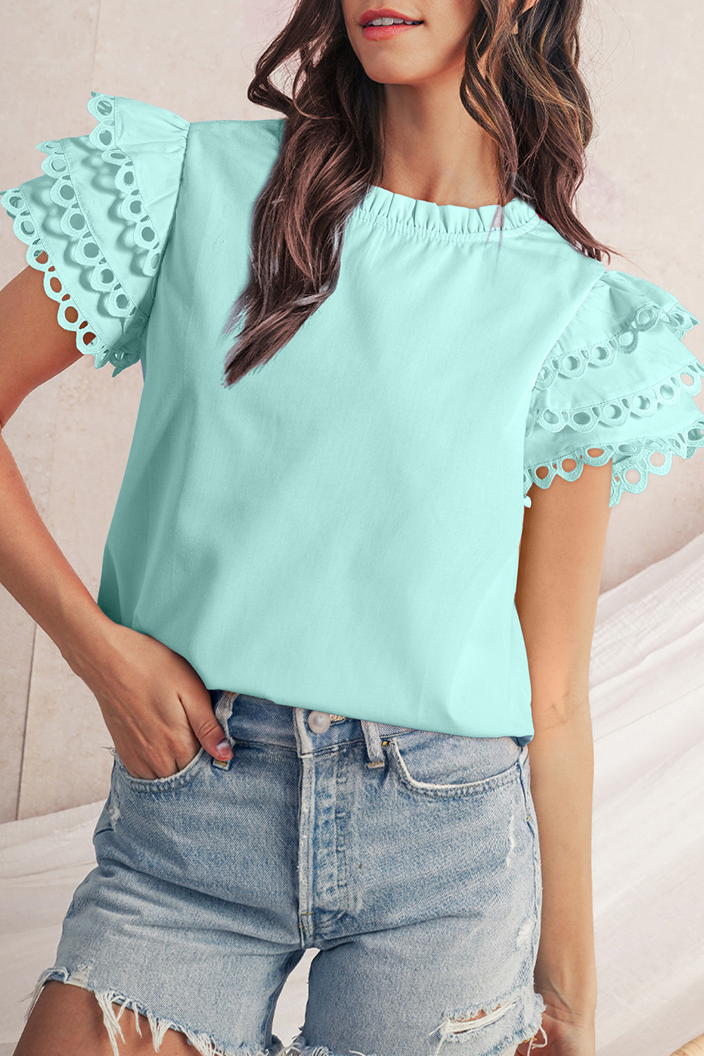 Mint Green Layered Ric Rac Cap Sleeve Filled Neck Blouse