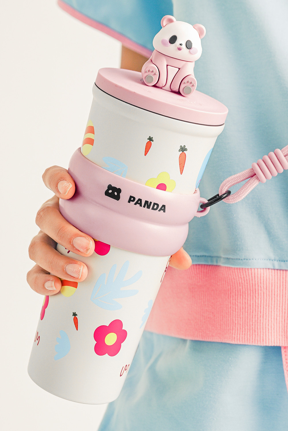 Pink Stainless Steel Floral Print Cute Panda Tumbler Cup with Rope Handle