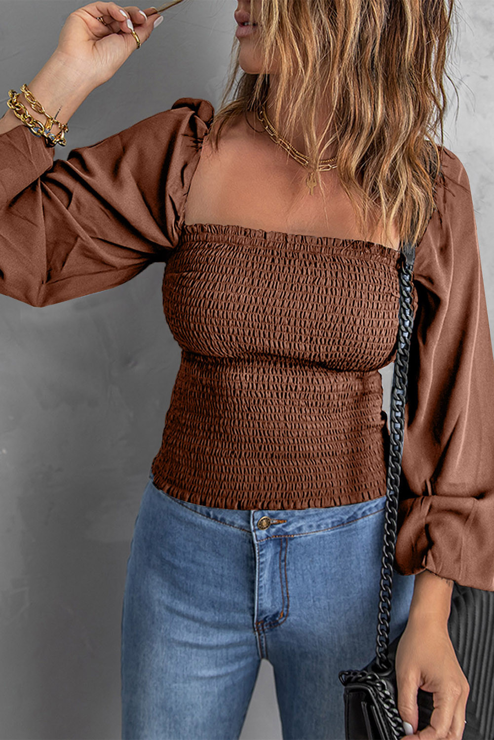 Brown Square Neck Long Sleeve Shirred Top