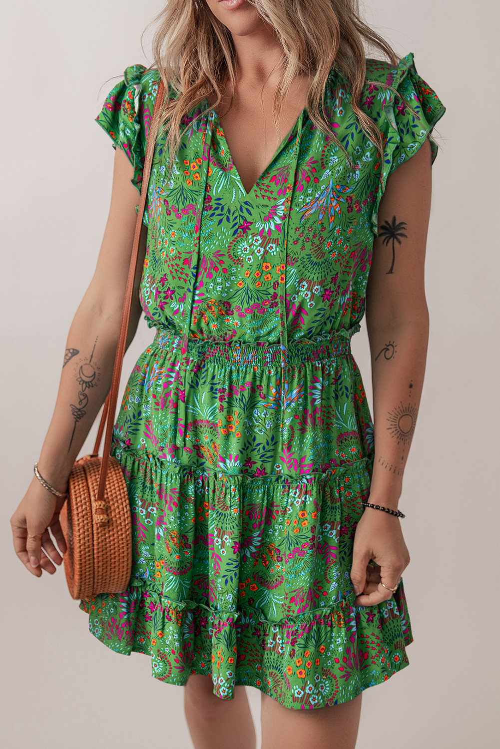 Green Floral Tie Neck Ruffle Sleeve Tiered Mini Dress