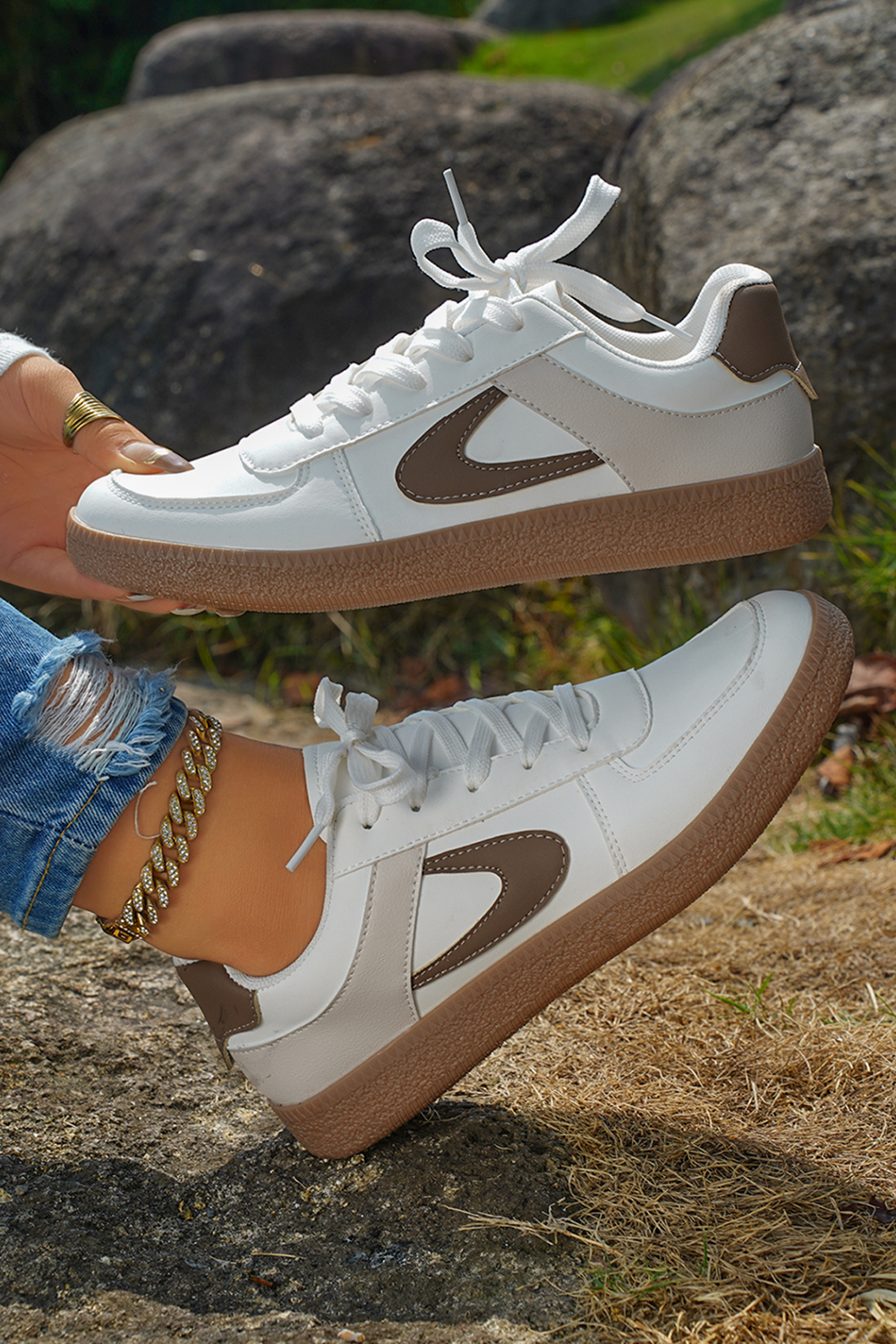 Shewin Wholesale Winter COFFEE PU Leather Lace Up Sneakers