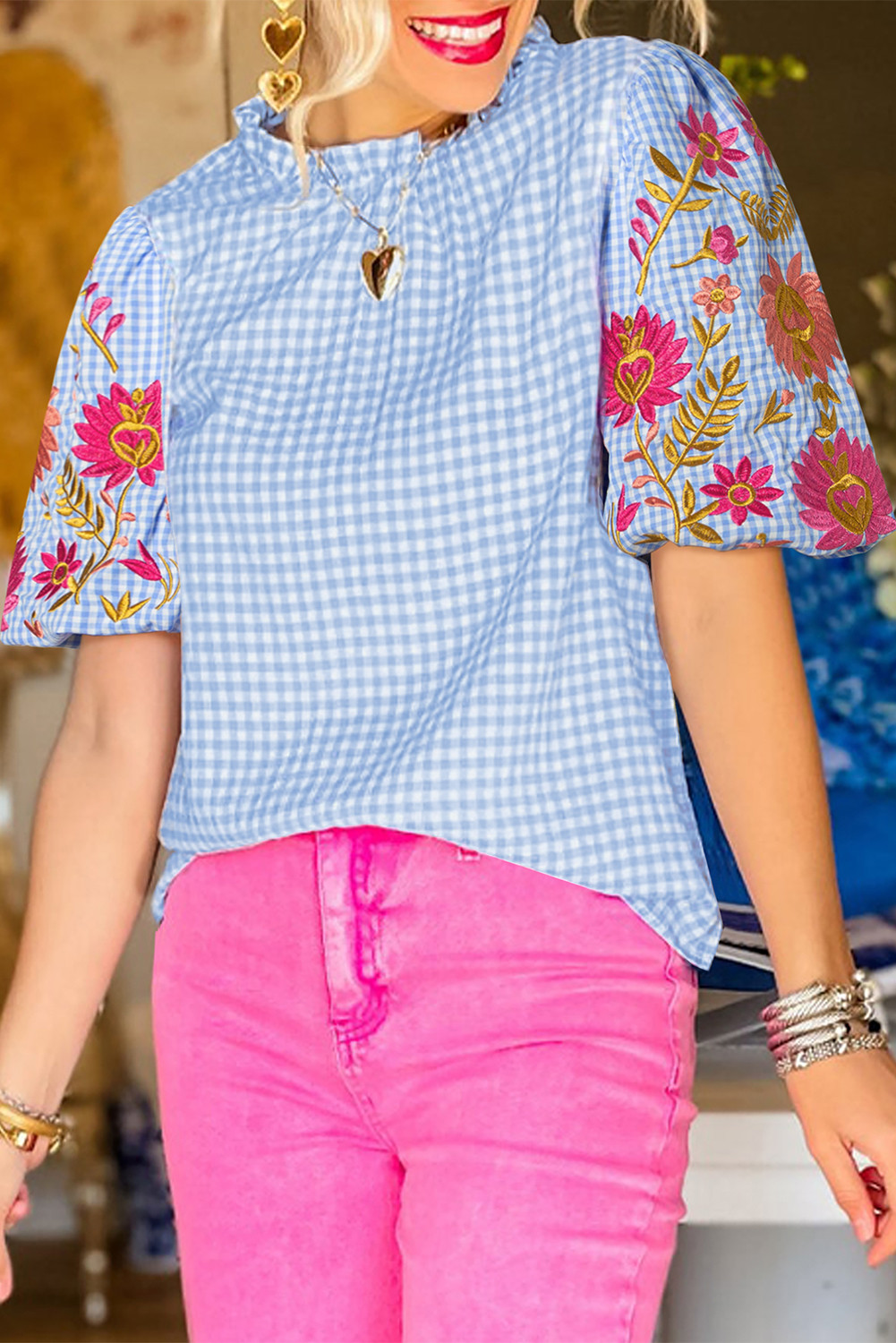 Light Blue Flower Embroidered Puff Sleeve Gingham Blouse