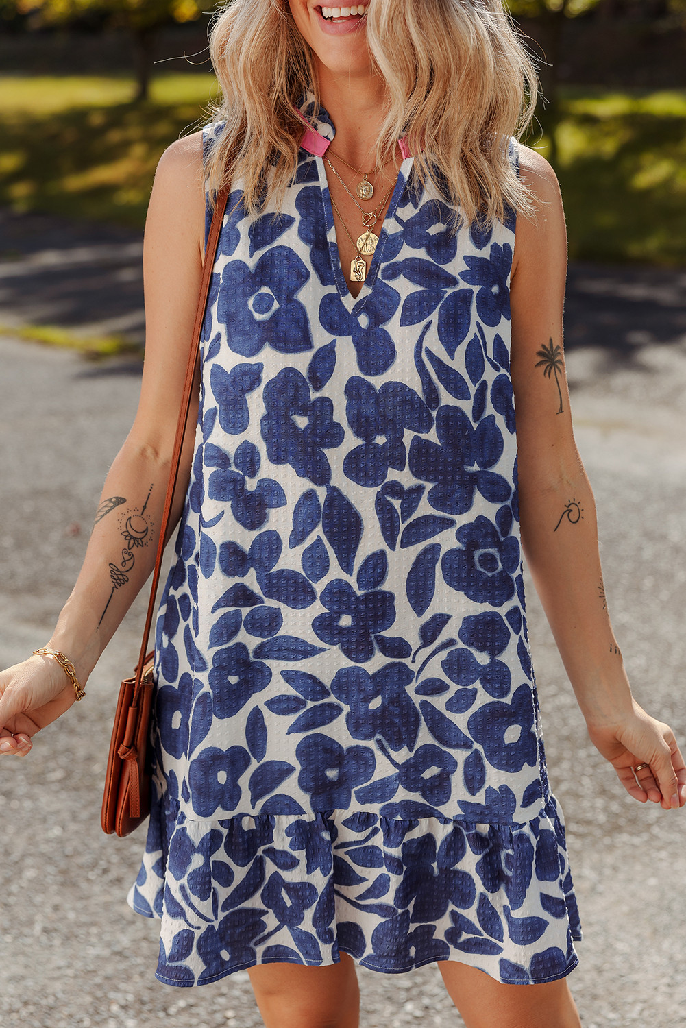 Blue Floral Sleeveless Notched V Neck Mini Dress