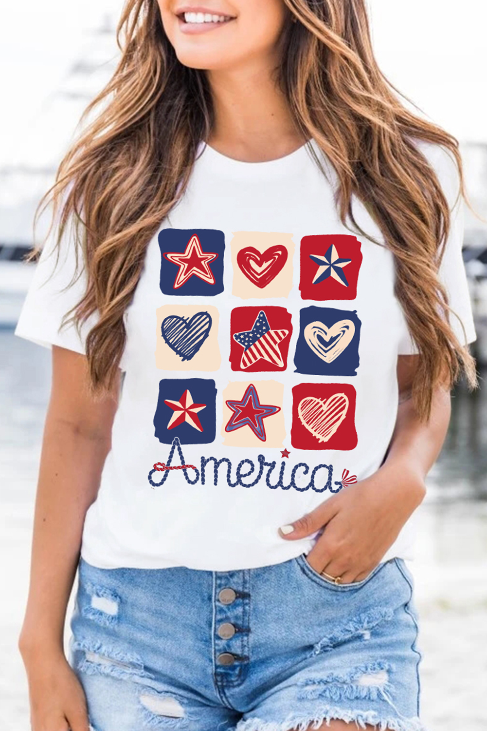 White America Heart Star Checkered Graphic Tee