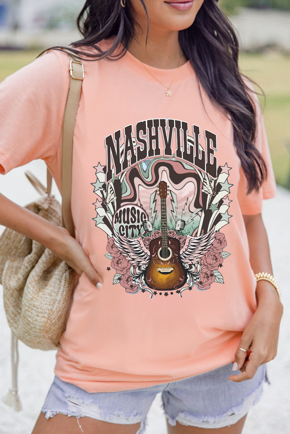 Pink NASHVILLE MUSIC CITY Guitar Graphic T Shirt