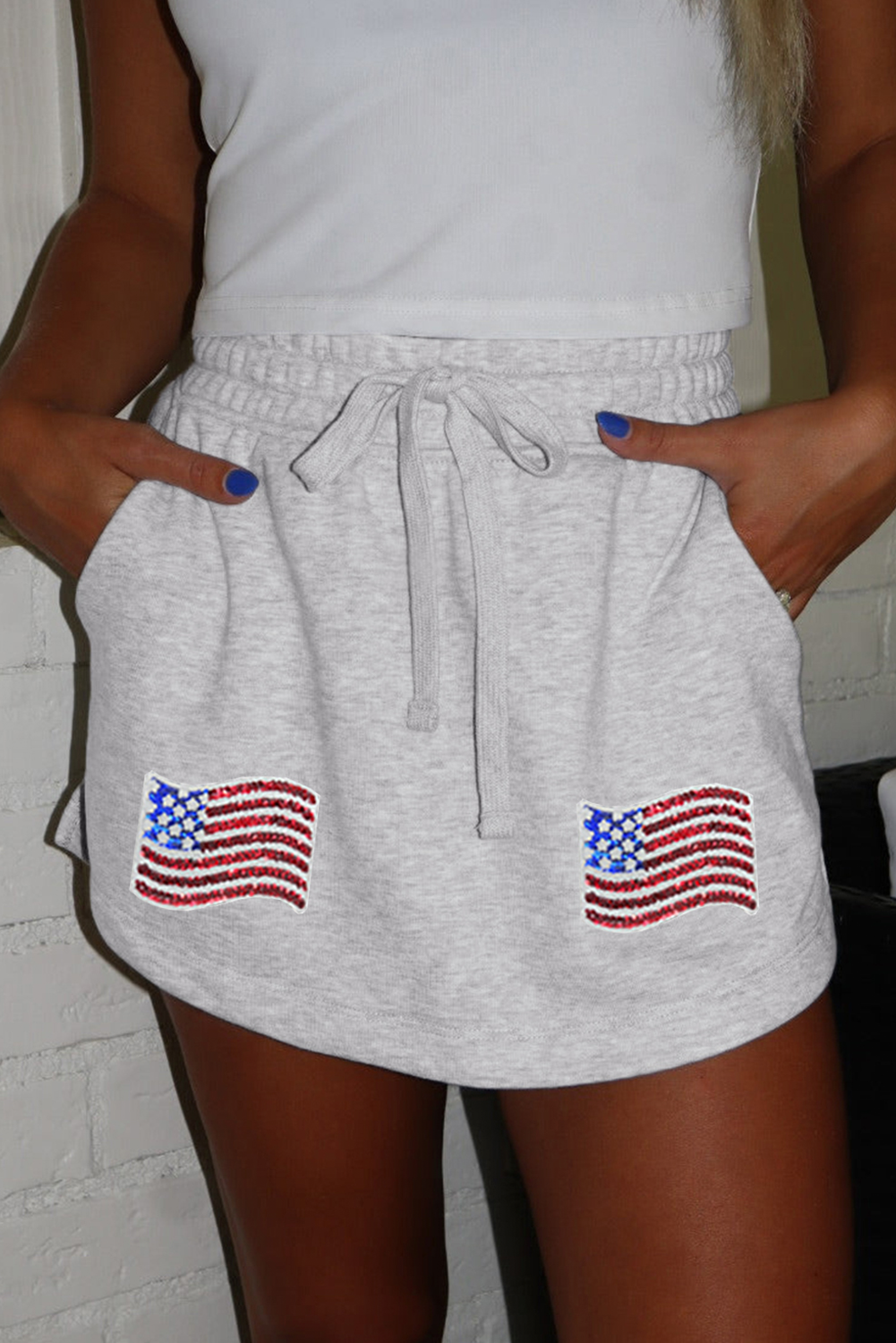 Light Grey American Flag Patched Lace Up High Waist Skort
