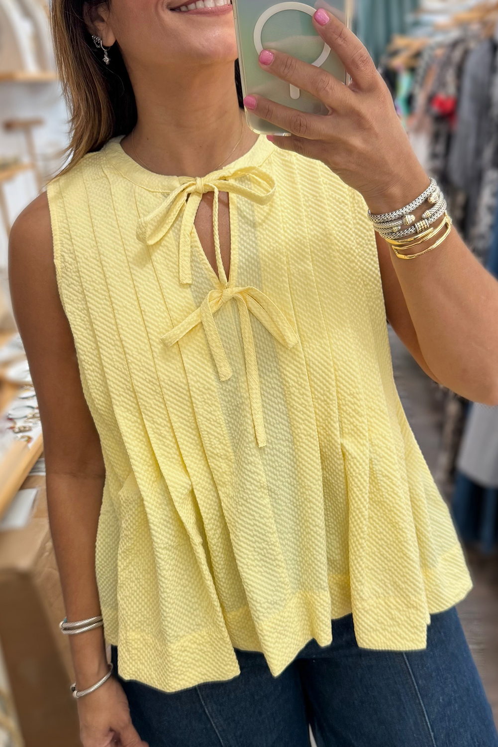 Shewin Dropship Yellow Cream Bow TIE Notched Neck Pleated Sleeveless Top