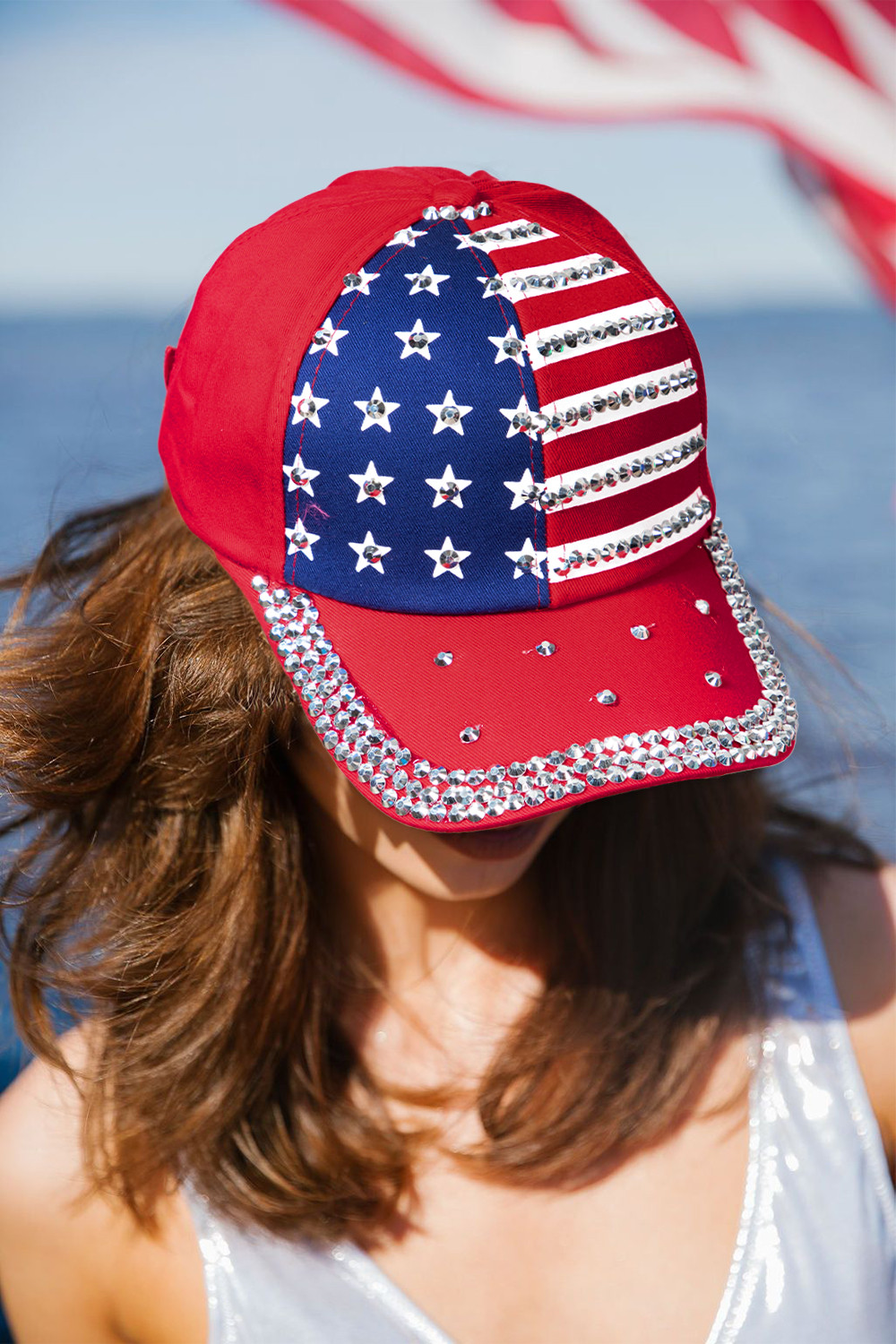Fiery Red Rhinestone Stars and Stripes Patriotic Cap