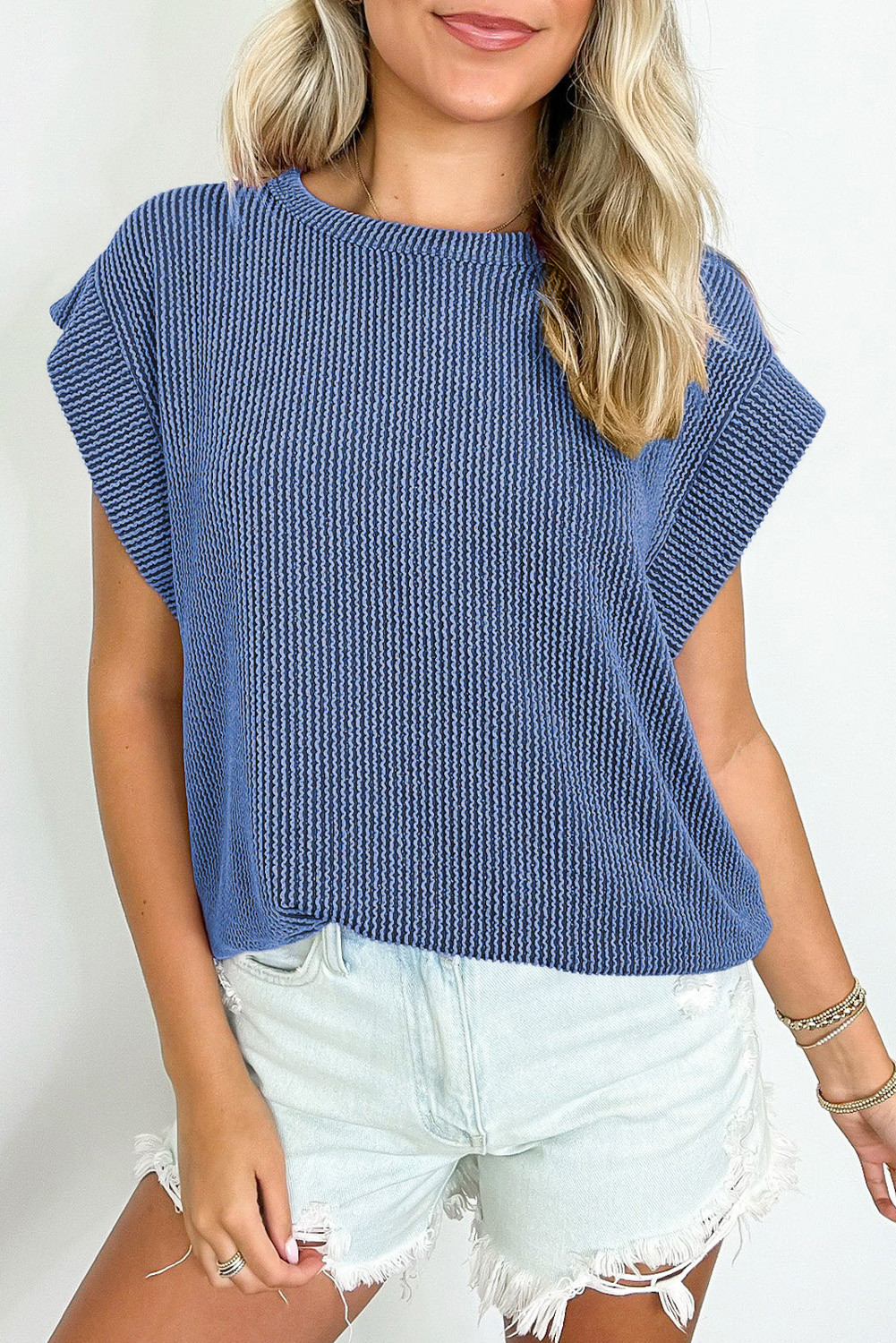 Dirty Blue Twisted Ribbed Textured Plain T Shirt