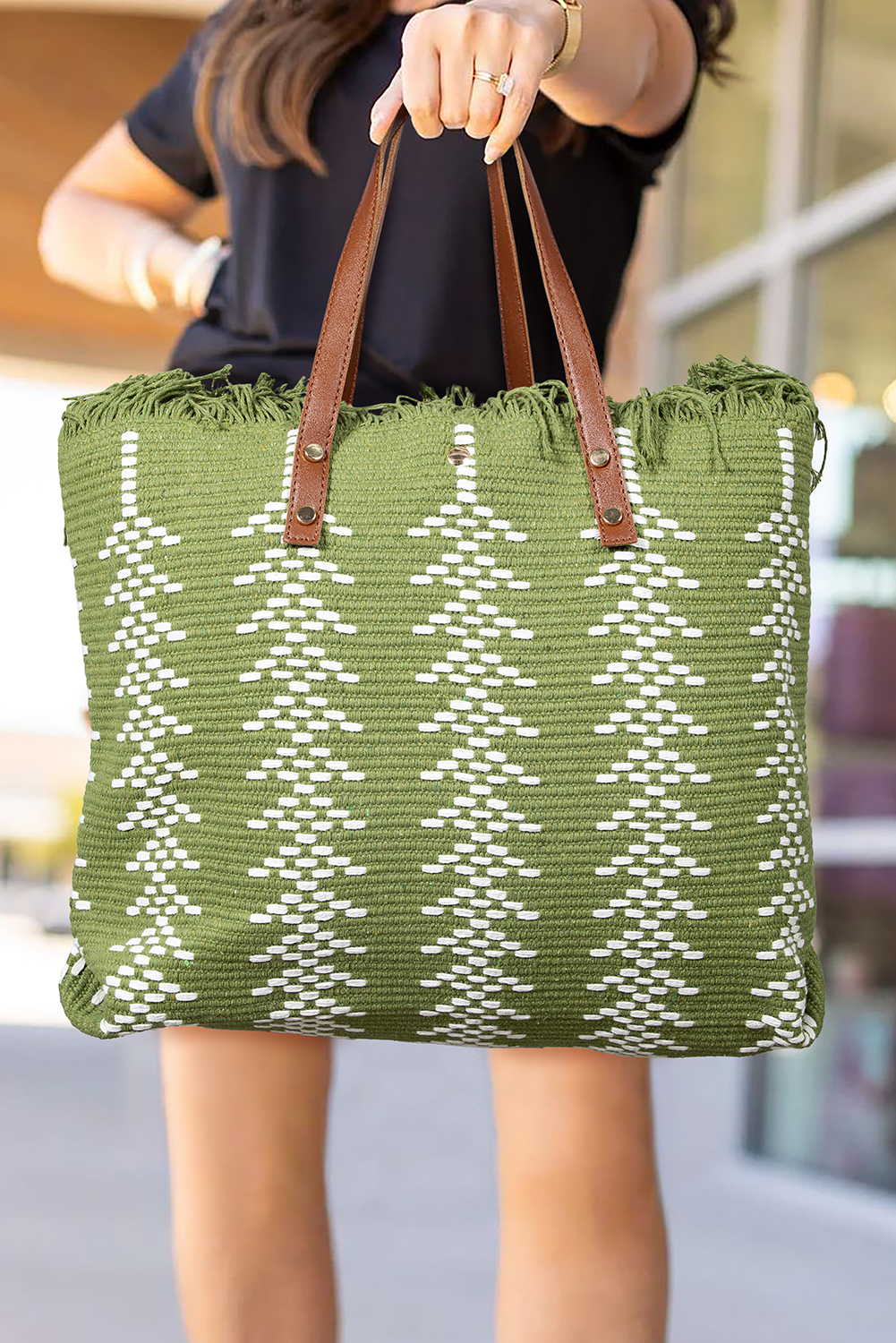Shewin Wholesale Winter Guacamole Green Woven Fringed TOTE BAG