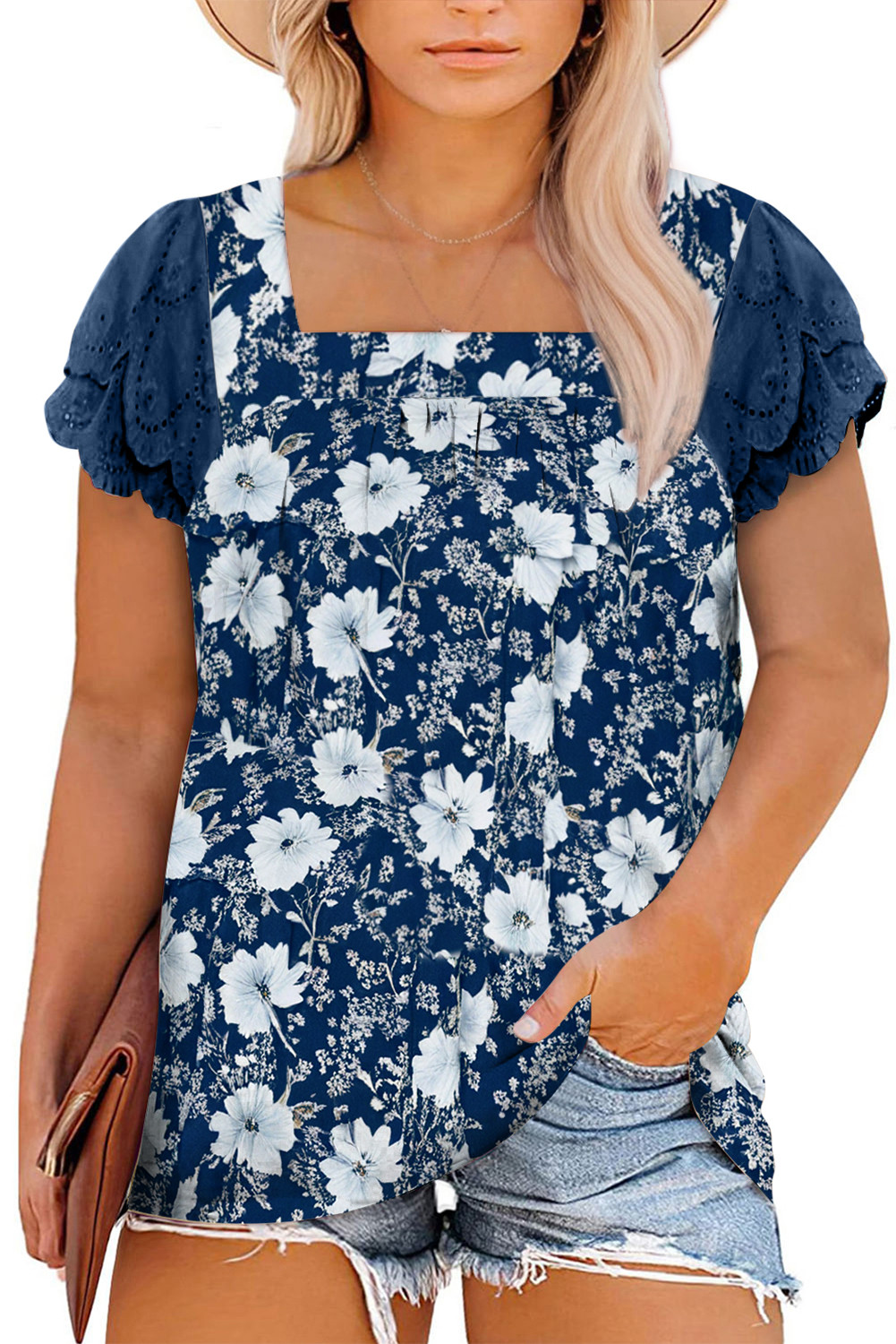 Blue Floral Print Square Neck Lace Patchwork Sleeve Blouse