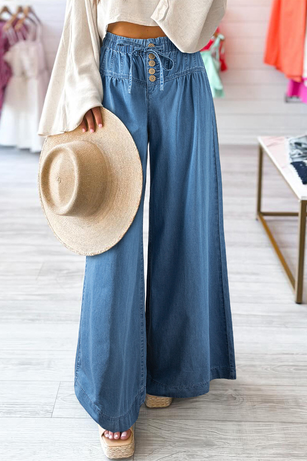 Dusk Blue Mineral Wash Button High Waist Wide Leg Jeans
