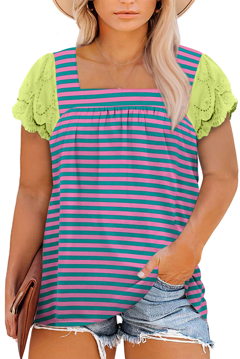 Multicolour Striped Patchwork Flowy Sleeve Plus Size Blouse