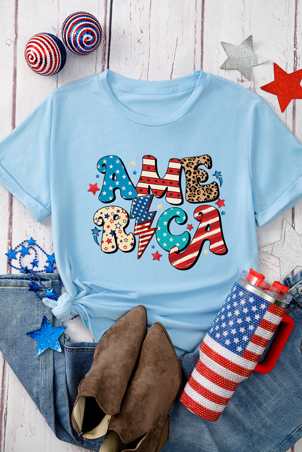 Light Blue Patriotic AMERICA Print Crewneck Tee