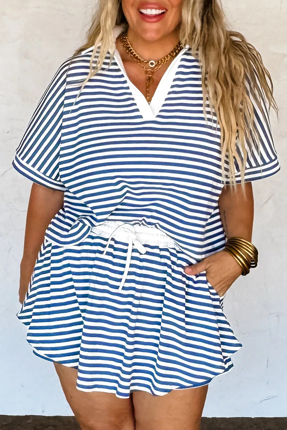 Shewin Wholesale Apparel Blue Striped Collared TOP Plus Size Flowy Skort Set