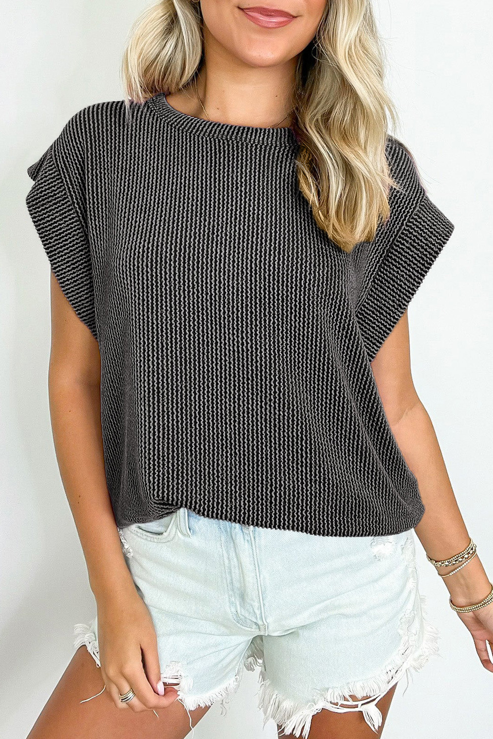 Carbon Grey Twisted Ribbed Textured Plain T Shirt