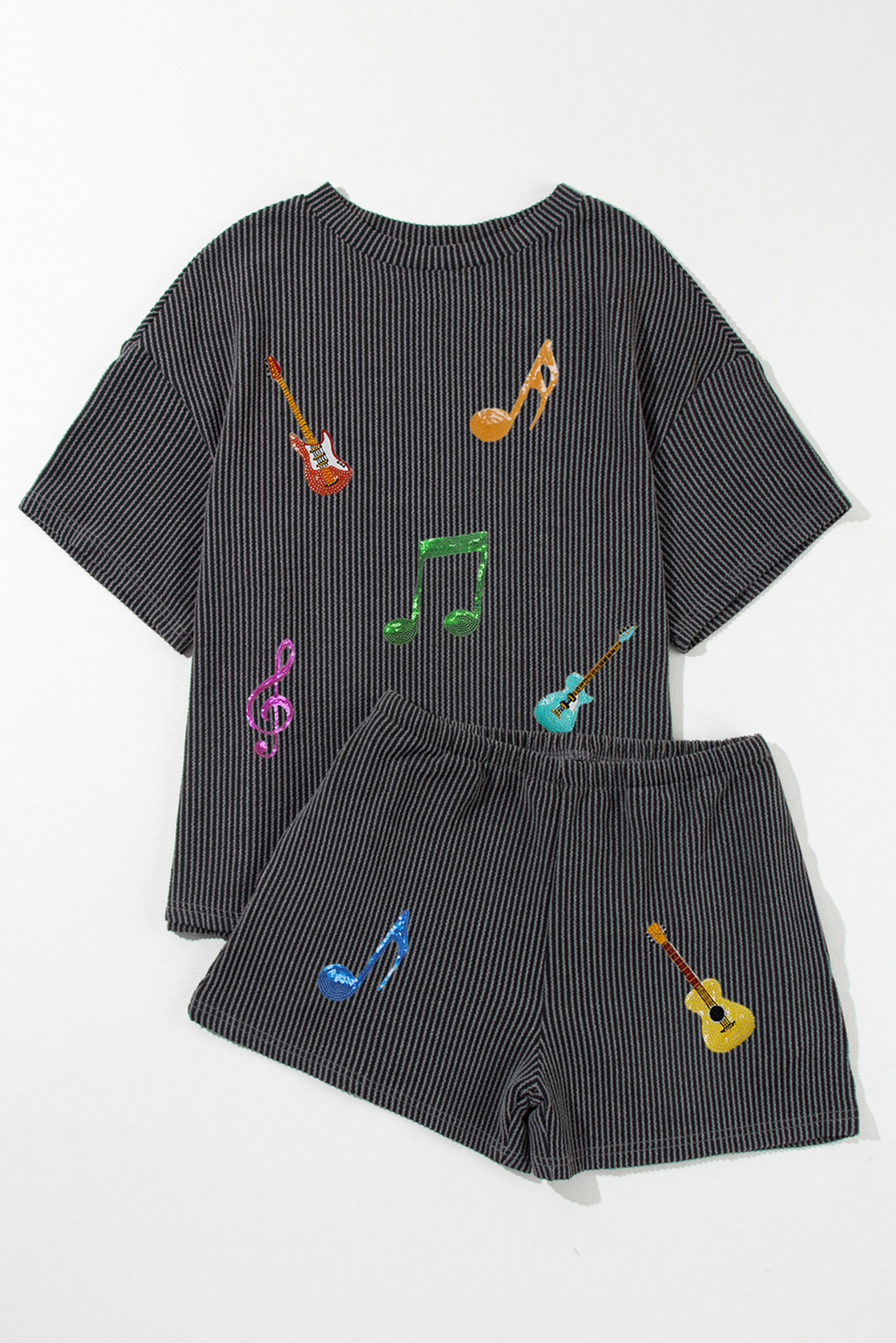Carbon Grey Twisted Rib Texture Guitar Music Note Patched Top and Shorts Set