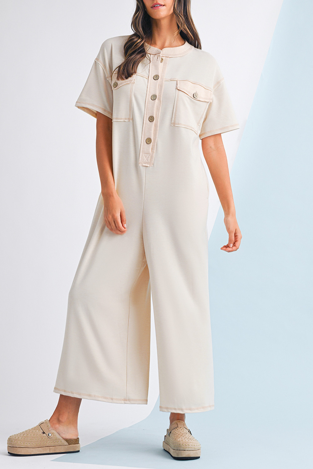 Jet Stream Patchwork Pocket Short Sleeve Jumpsuit
