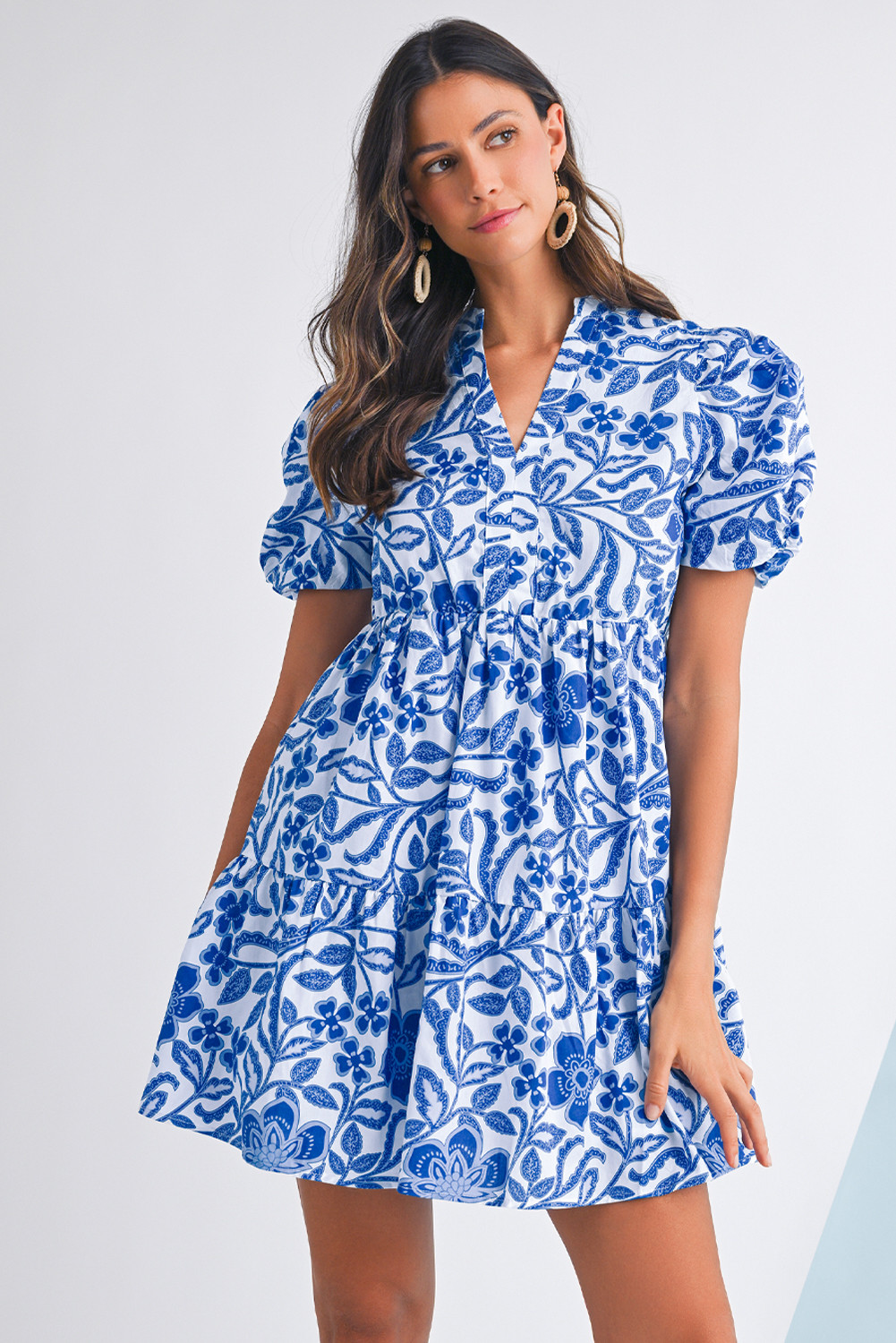 Blue Flower Print Puff Sleeve Ruffle Mini Dress