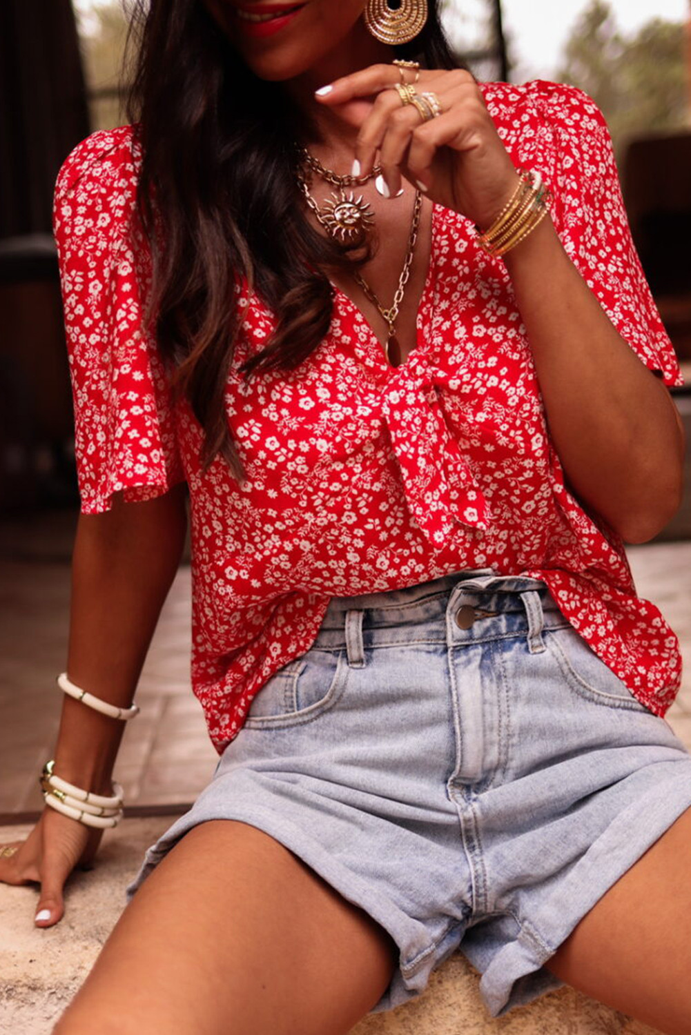 Red Boho Floral Print Half Sleeve Knotted V Neck Blouse