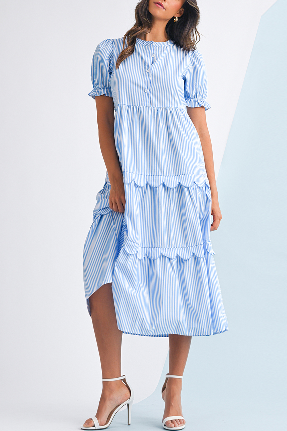 Shewin Dropshipping Sky Blue Stripe Bubble Sleeve Scallop Tiered DRESS