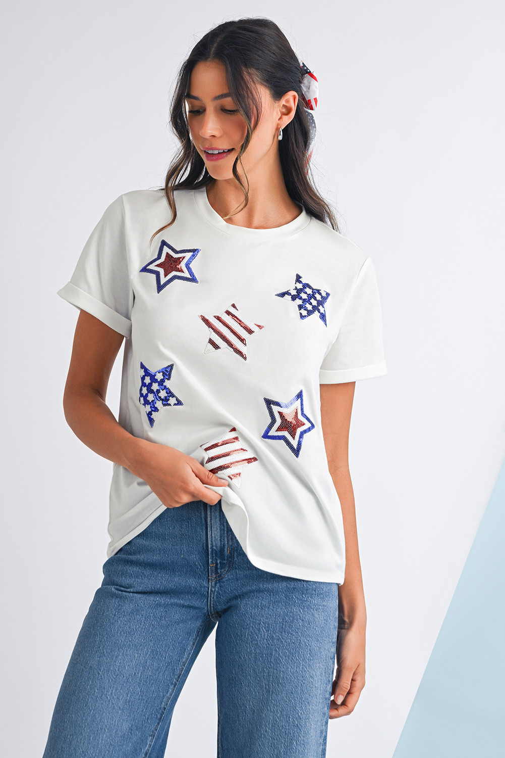 White Sequin Stars Patched Casual T Shirt