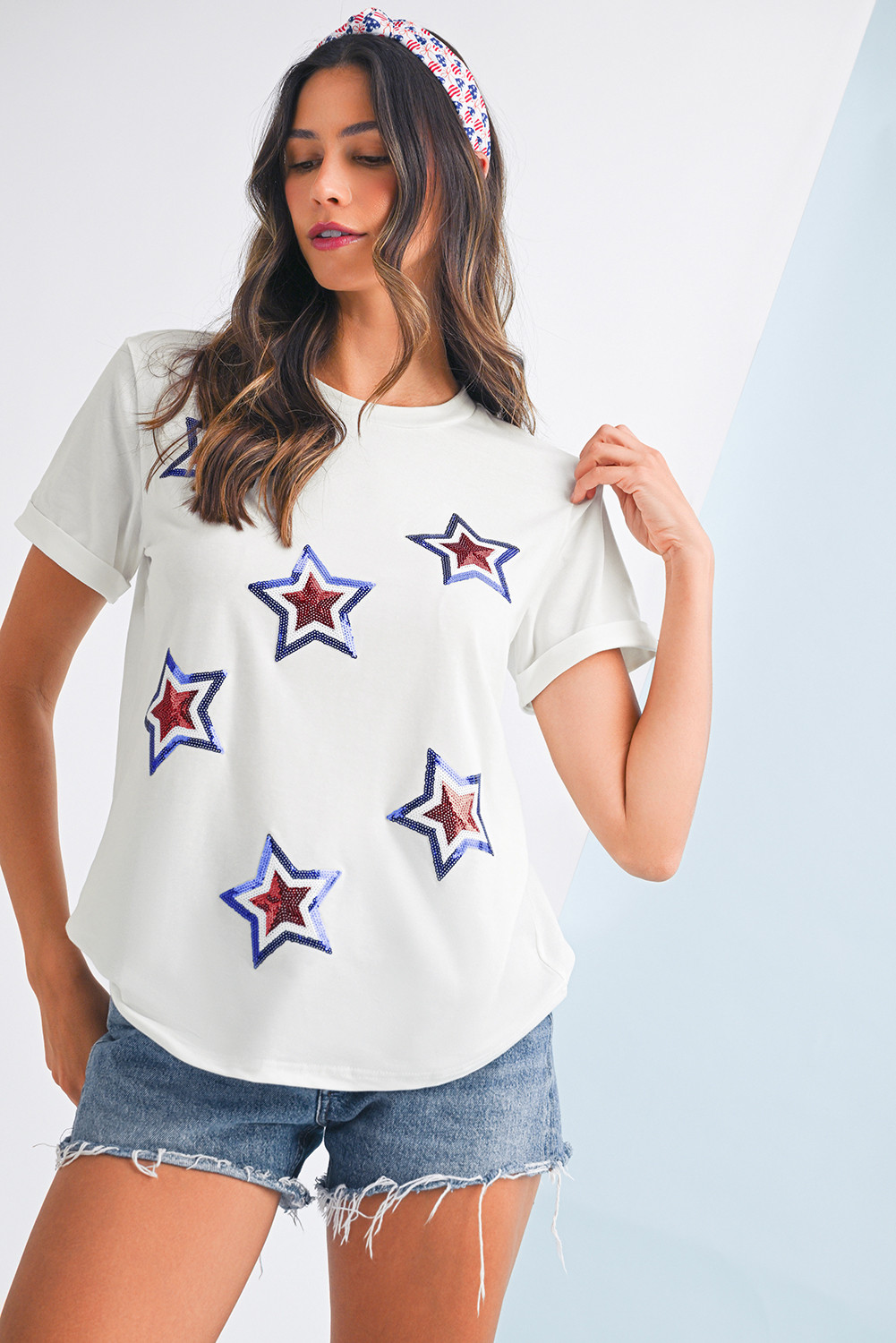 White Sequin Star Graphic Patched T Shirt