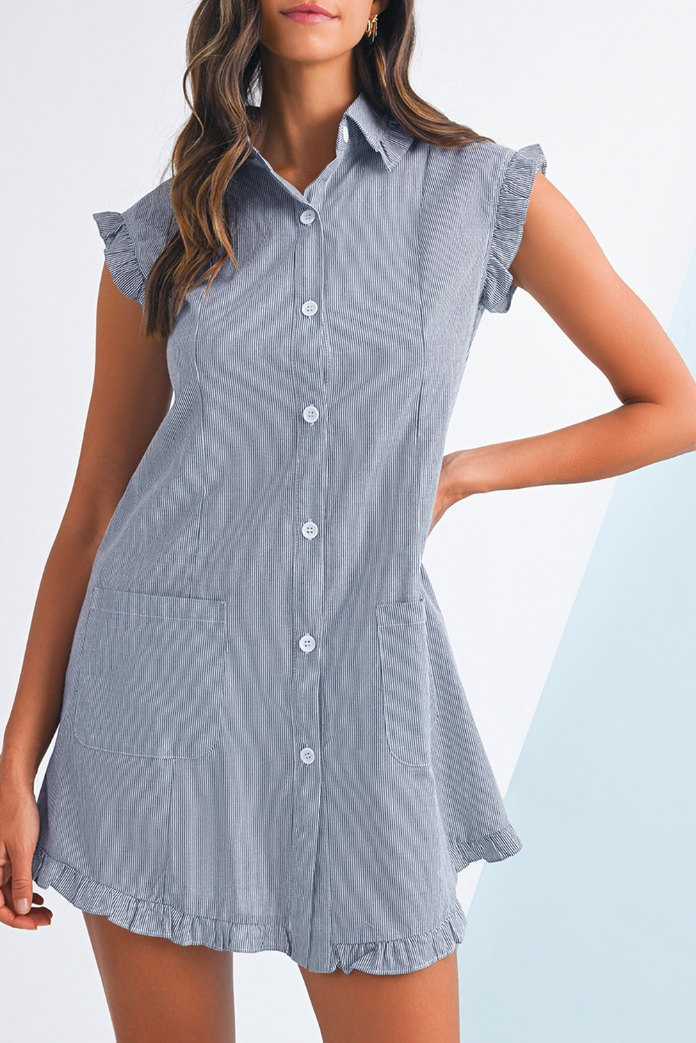 Shewin Dropshipping Blue Stripe Frill Trim Pocket Button Up Mini Dress
