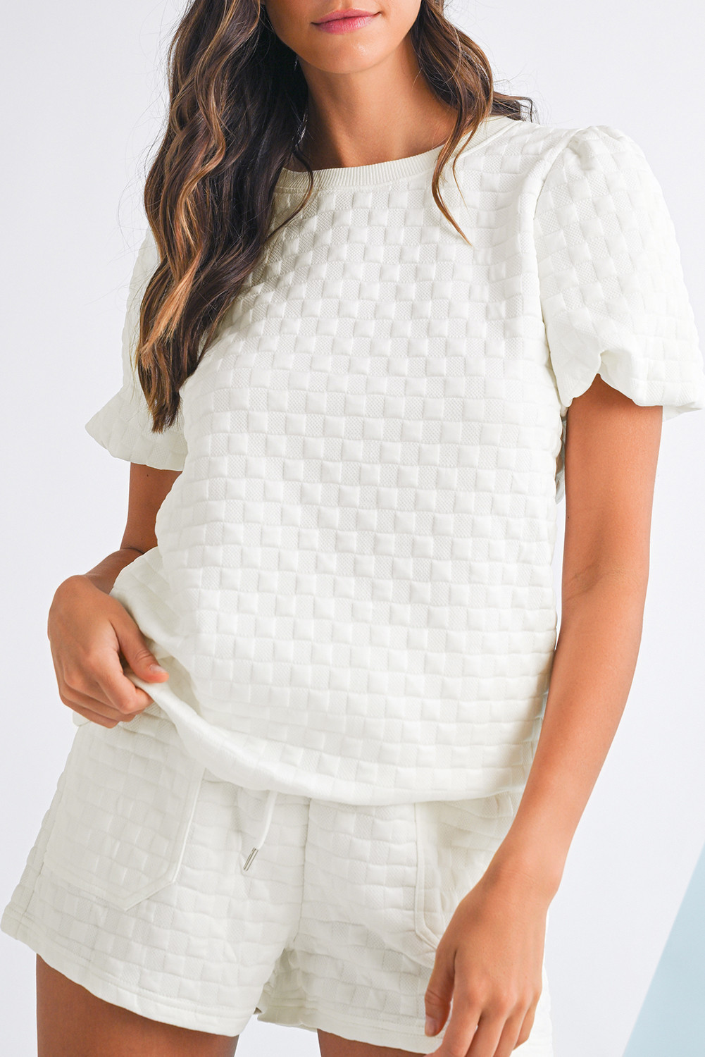 White Solid Puff Sleeve Top and Drawstring Shorts Set