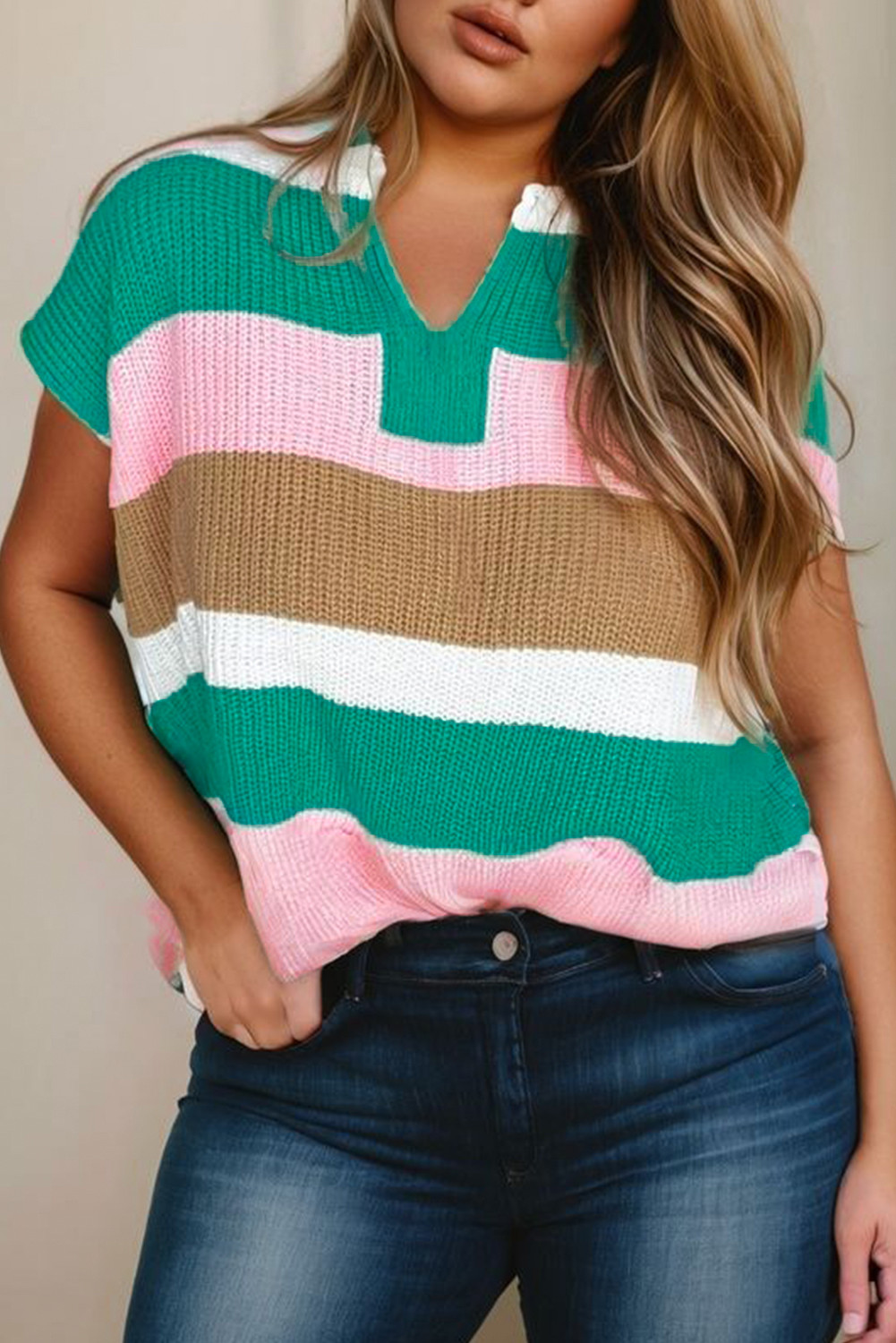 Multicolour Colorblock Notch V Neck Plus Size Knit T Shirt