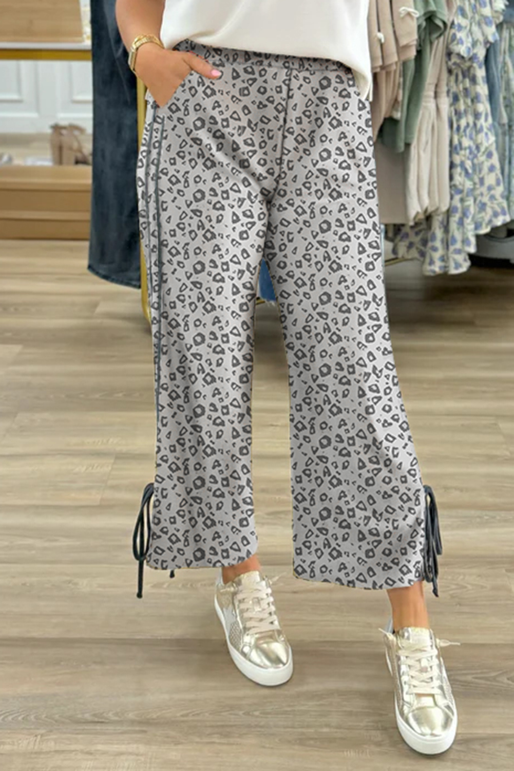Shewin Wholesale Custom Logo Khaki Leopard Print High Rise Knot Side PANTS
