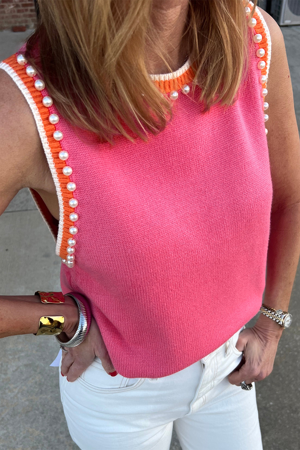 Bright Pink Pearl Embellished Contrast Trim Sleeveless Knit Top